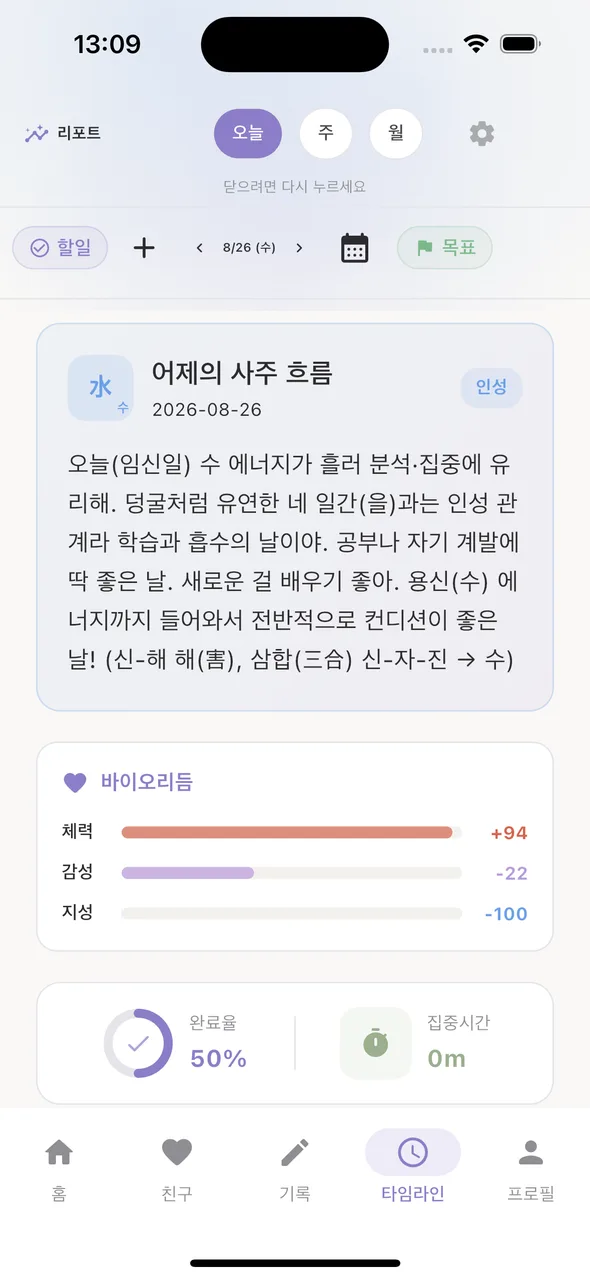 일간 리포트 — 어제의 사주 흐름·바이오리듬