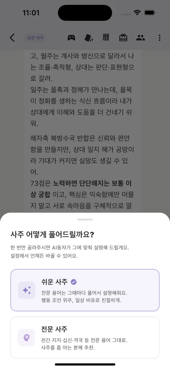 사주 모드 선택 (쉬운/전문)
