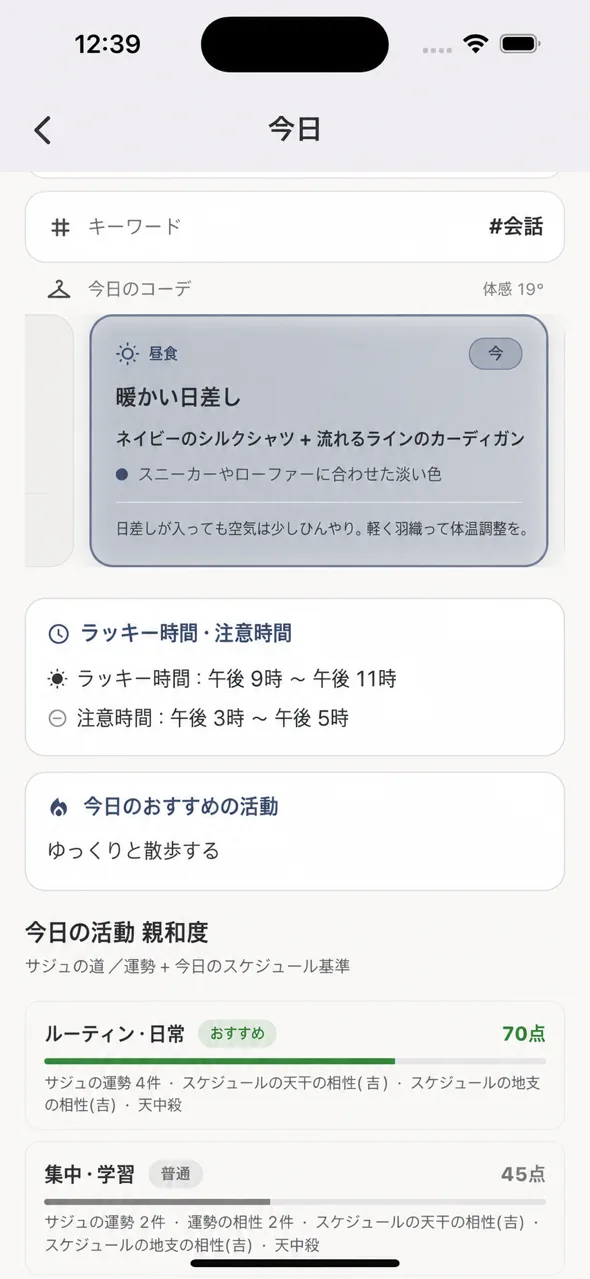 今日画面 — 衣装・行運時間・推奨アクティビティ